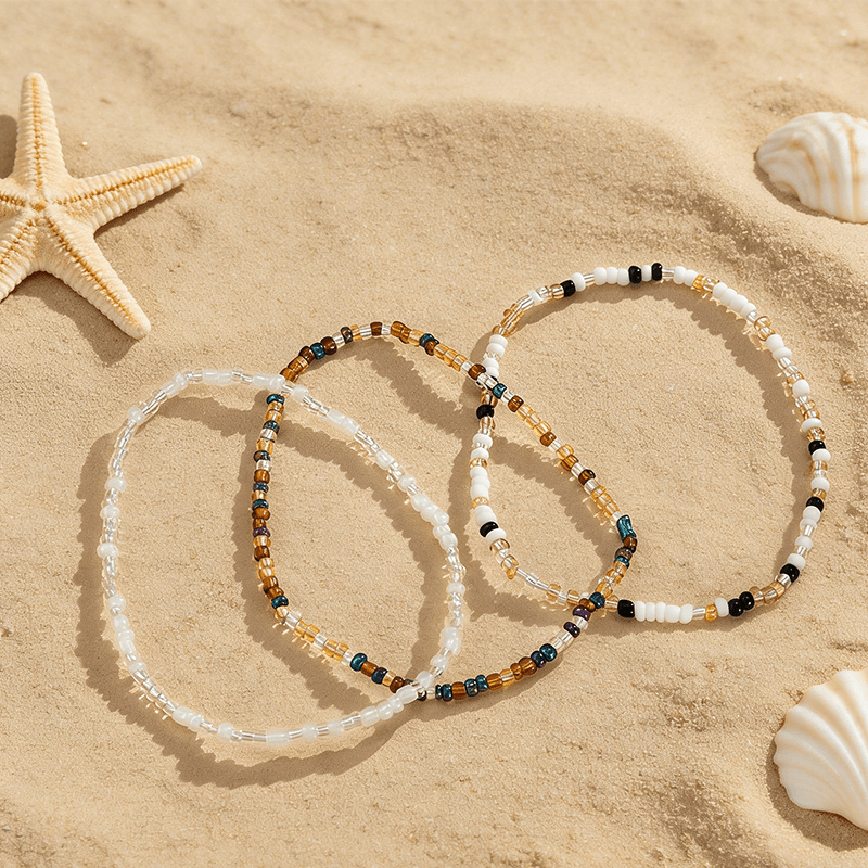 3pcs Summer Bohemian Style Mixed Color Rice Bead Anklet Set